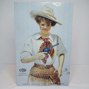 Vtg 1991 Colt Revolver Cowgirl Stamped Metal Promo Sign 16"×10" Made In USA